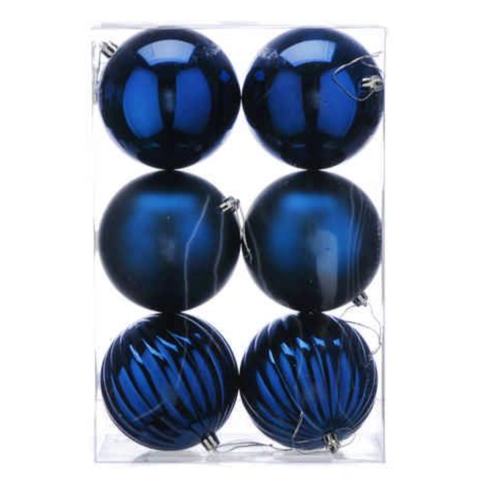 Pack of 6 navy blue 10cm baubles in gloss, matte, and glitter finishes