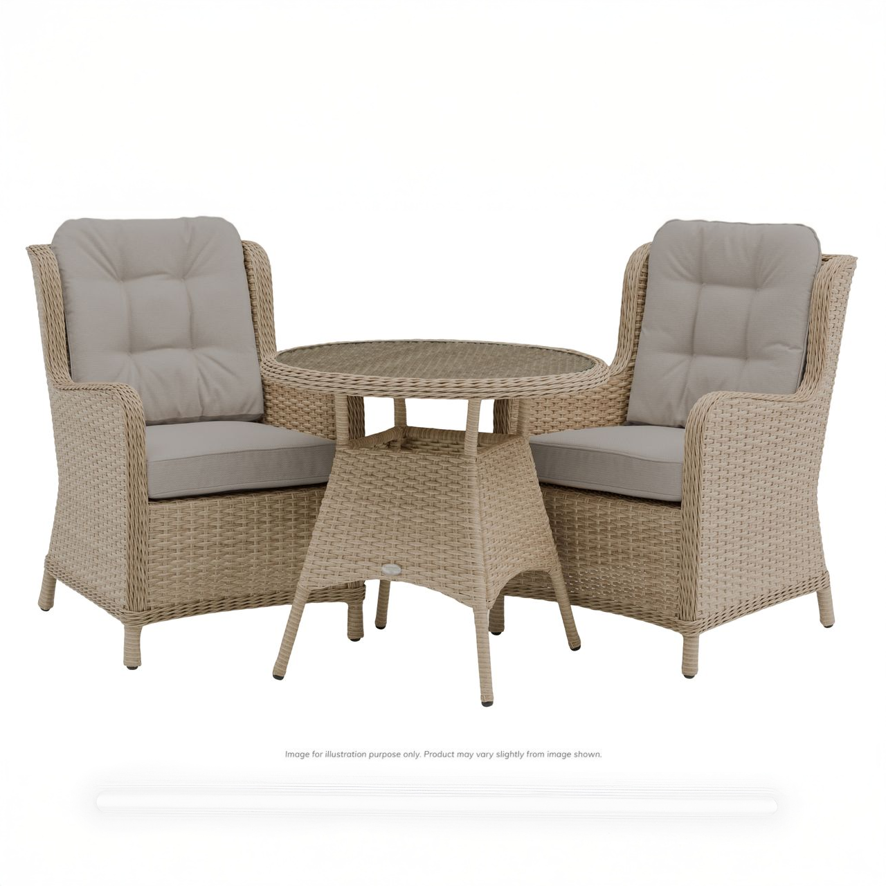 Wicker outdoor furniture set with two chairs and a table on a white background