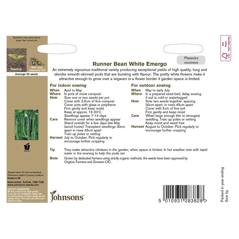 Runner Bean White Emergo Organic Seeds