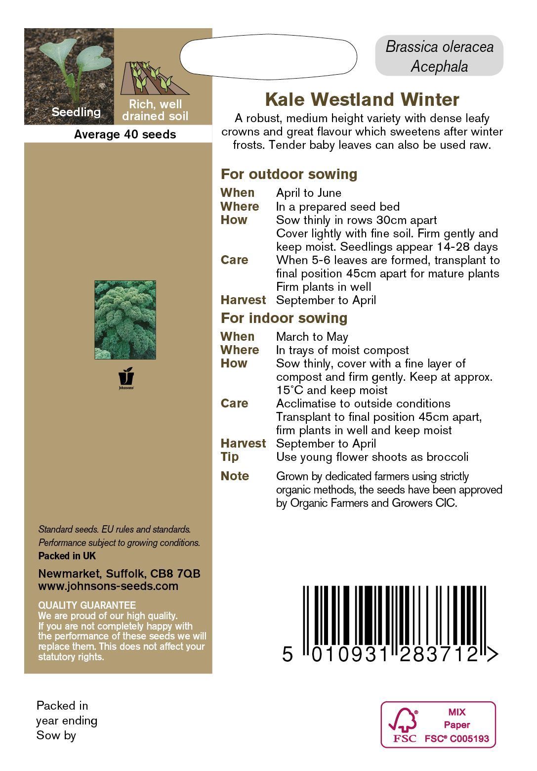 Kale Westland Winter Organic Seeds