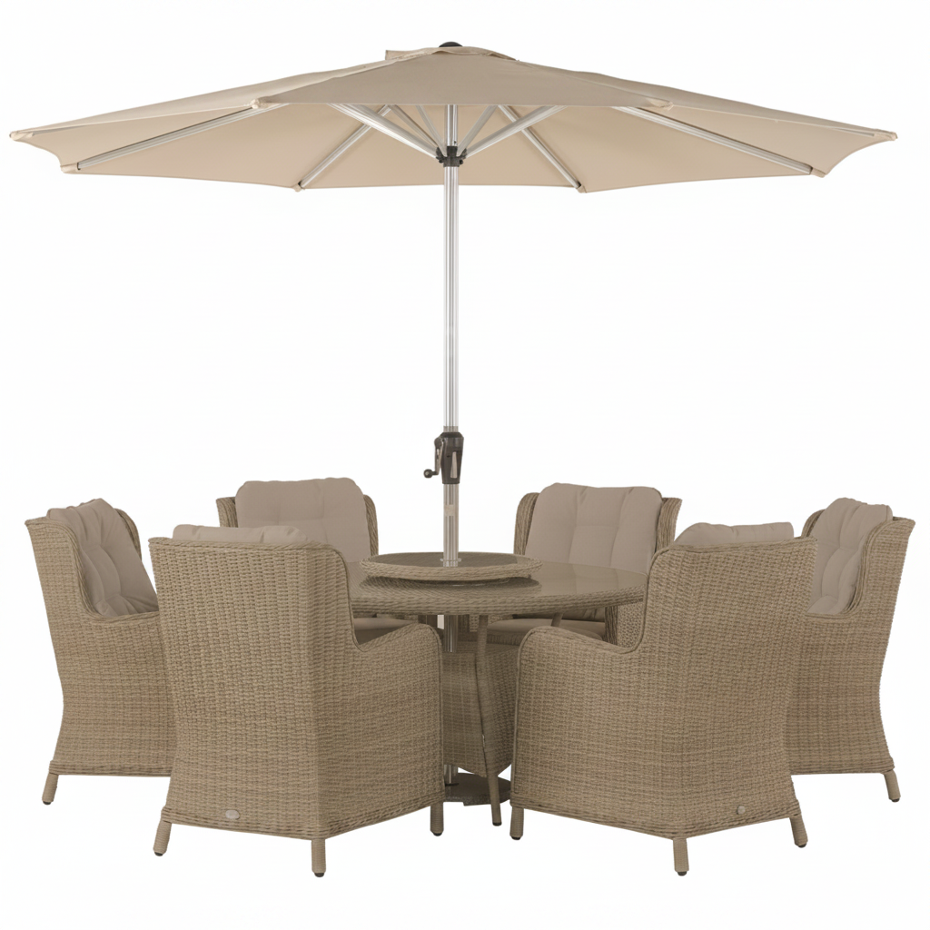 Windsor Rattan 6 Seat Round Dining Set with Parasol & Base