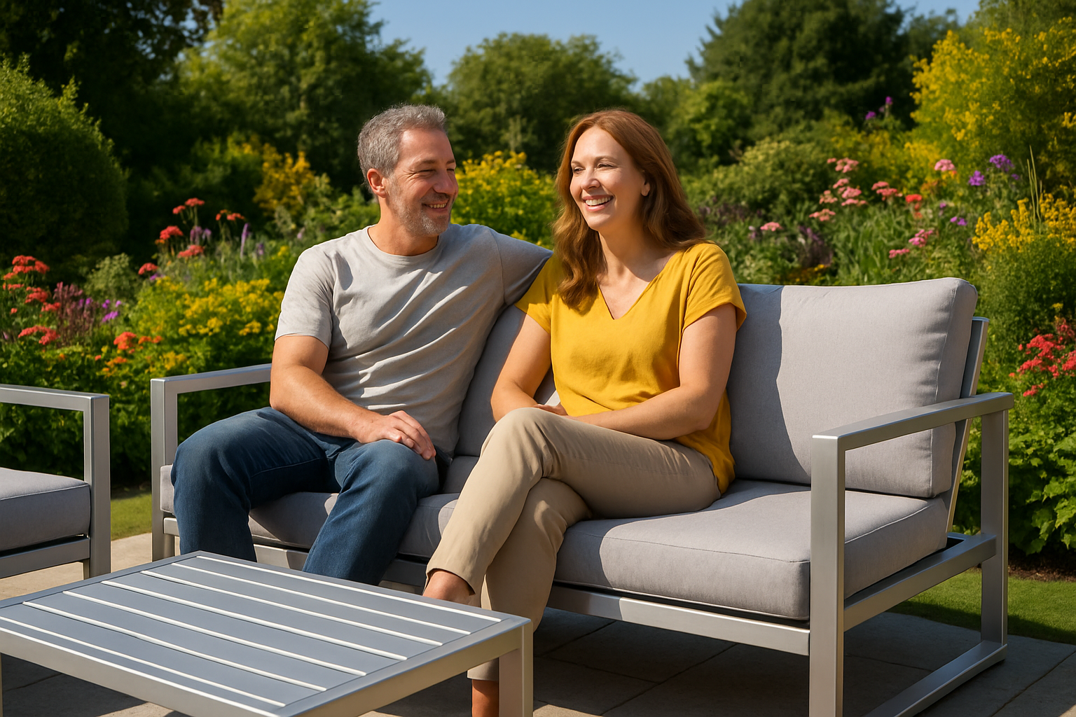 A couple sitting on aluminum garden furniture in the sunshine