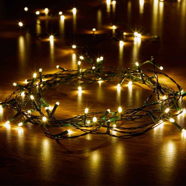Warm white 200 LED fairy lights creating a cosy festive glow