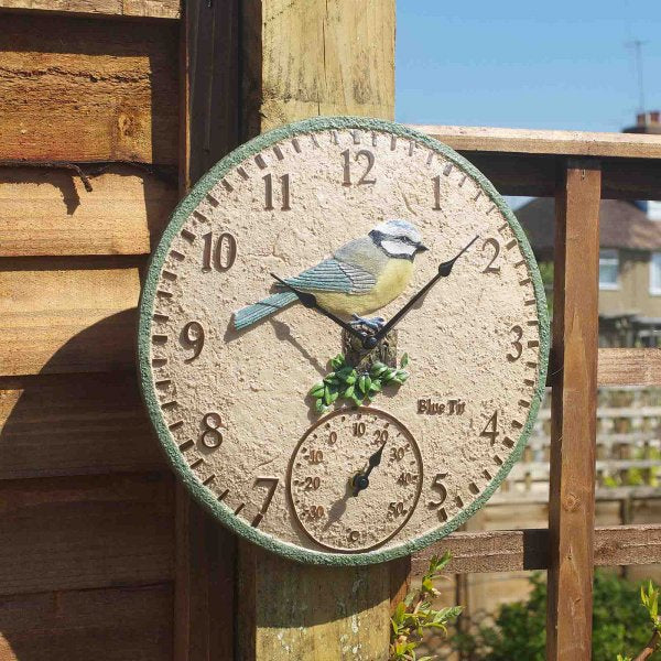Wall Clock & Thermometer Blue Tit 12"