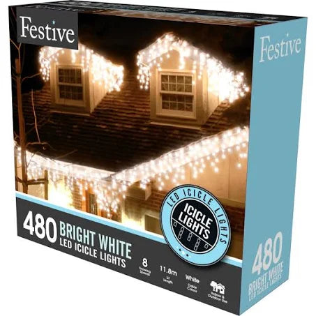 LED Battery Operated 480 Snowing Icicle Lights Bright White